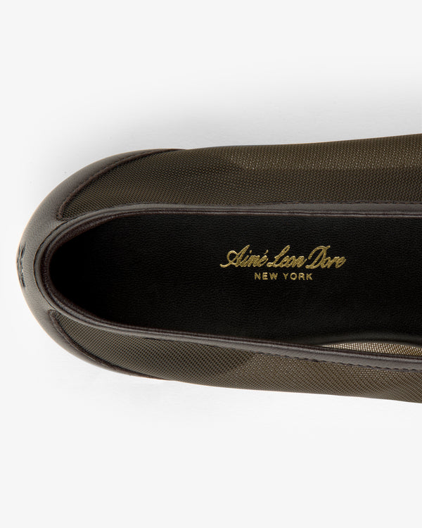 Top view of a Mesh Ballet Flat with Aimé Leon Dore NEW YORK gold branding on the black insole.