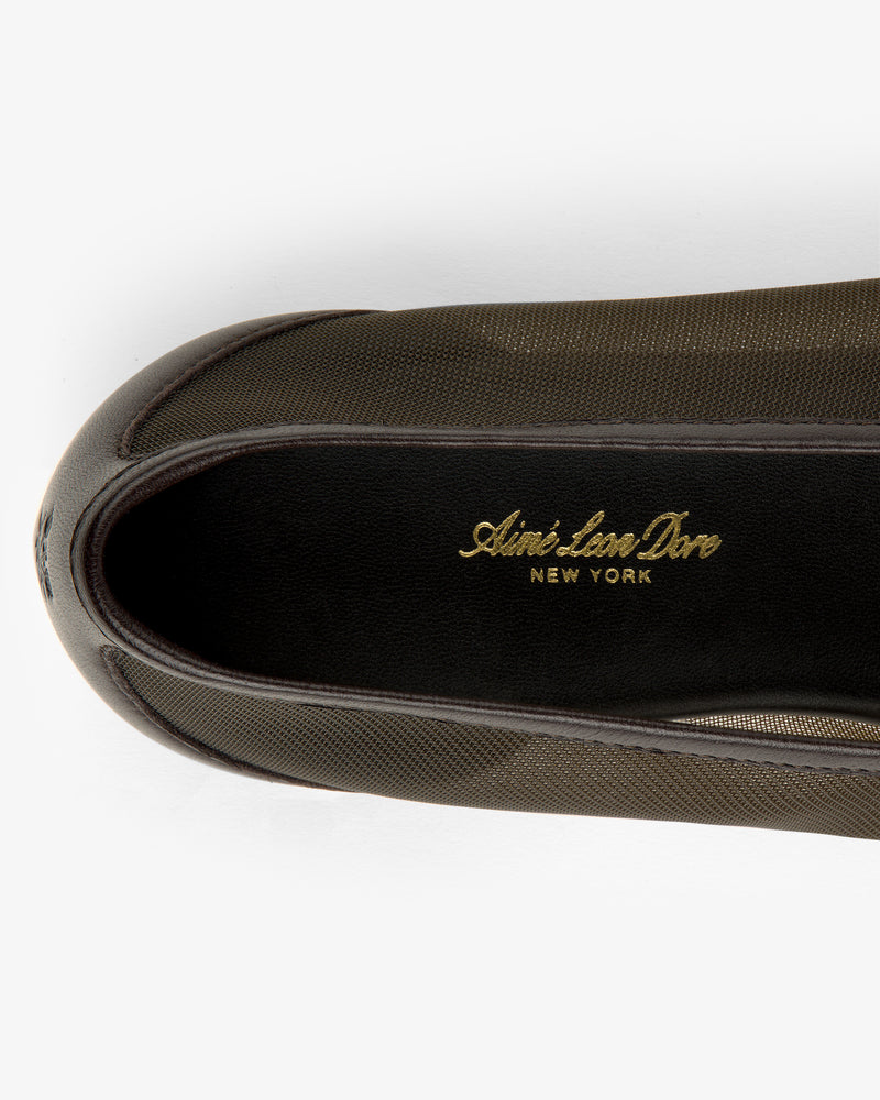 Top view of a Mesh Ballet Flat with Aimé Leon Dore NEW YORK gold branding on the black insole.