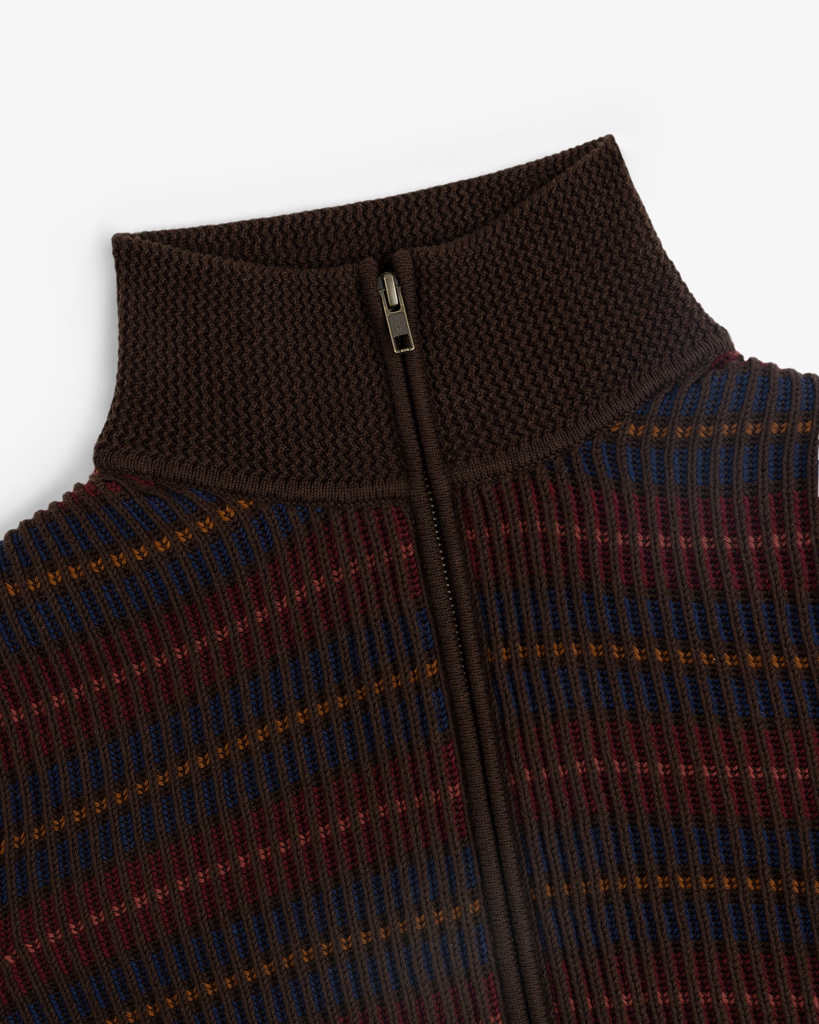 Close-up of the Multi Color Knit Track Sweater featuring ribbed knit, a textured brown high collar, and a front zipper.
