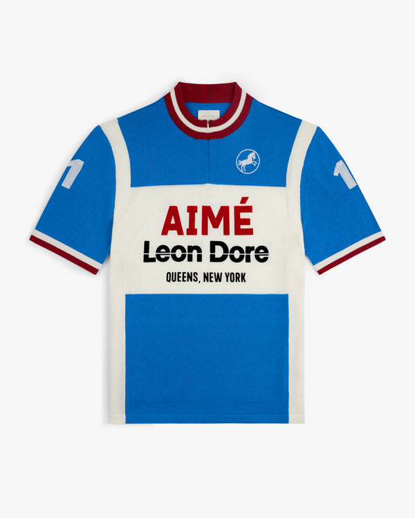 Blue and white Merino Wool Cycling Jersey with AIMÉ Leon Dore text and number 11 on sleeves.