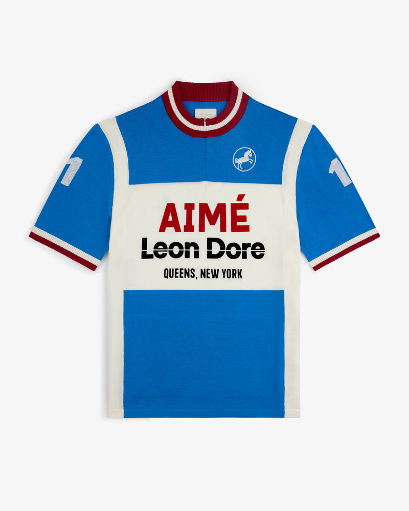 Blue and white Merino Wool Cycling Jersey with AIMÉ Leon Dore text and number 11 on sleeves.