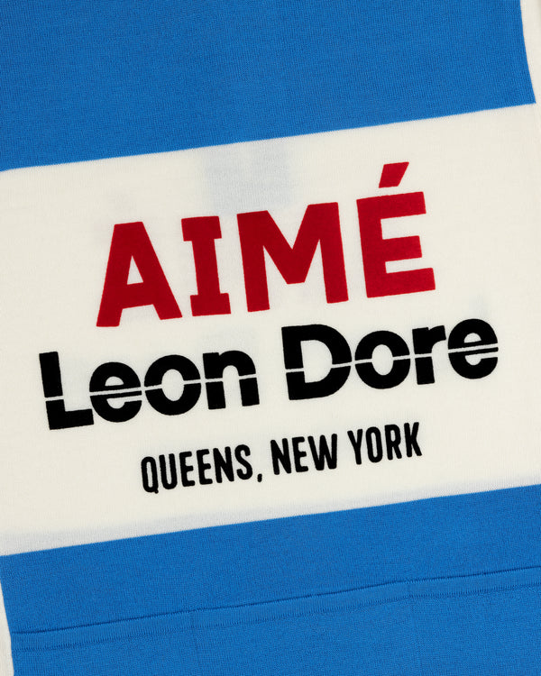 Blue and white Merino Wool Cycling Jersey with AIMÉ Leon Dore QUEENS, NEW YORK print.