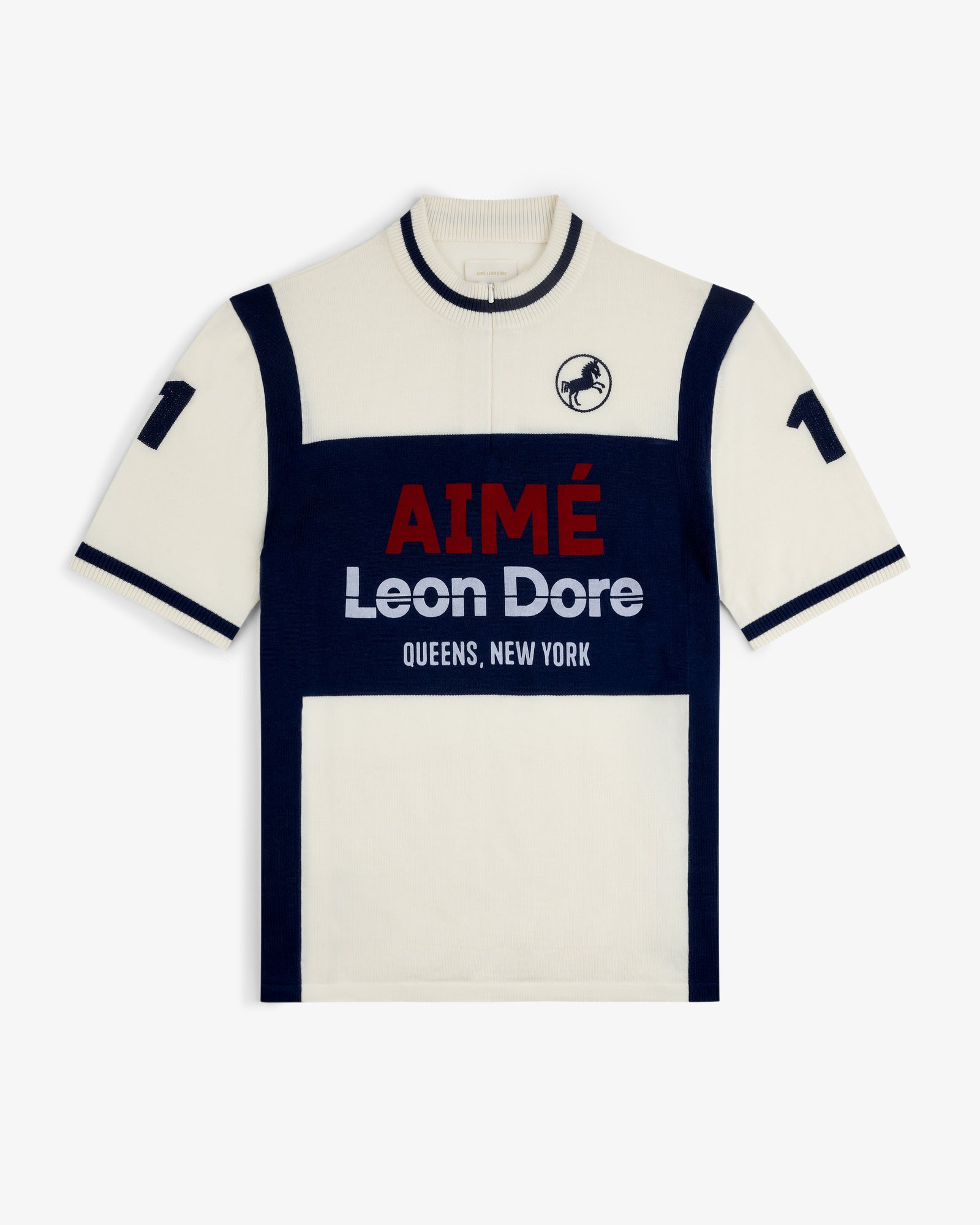 Short-sleeve cream and navy Merino Wool Cycling Jersey with AIMÉ Leon Dore QUEENS, NEW YORK text and front logo.