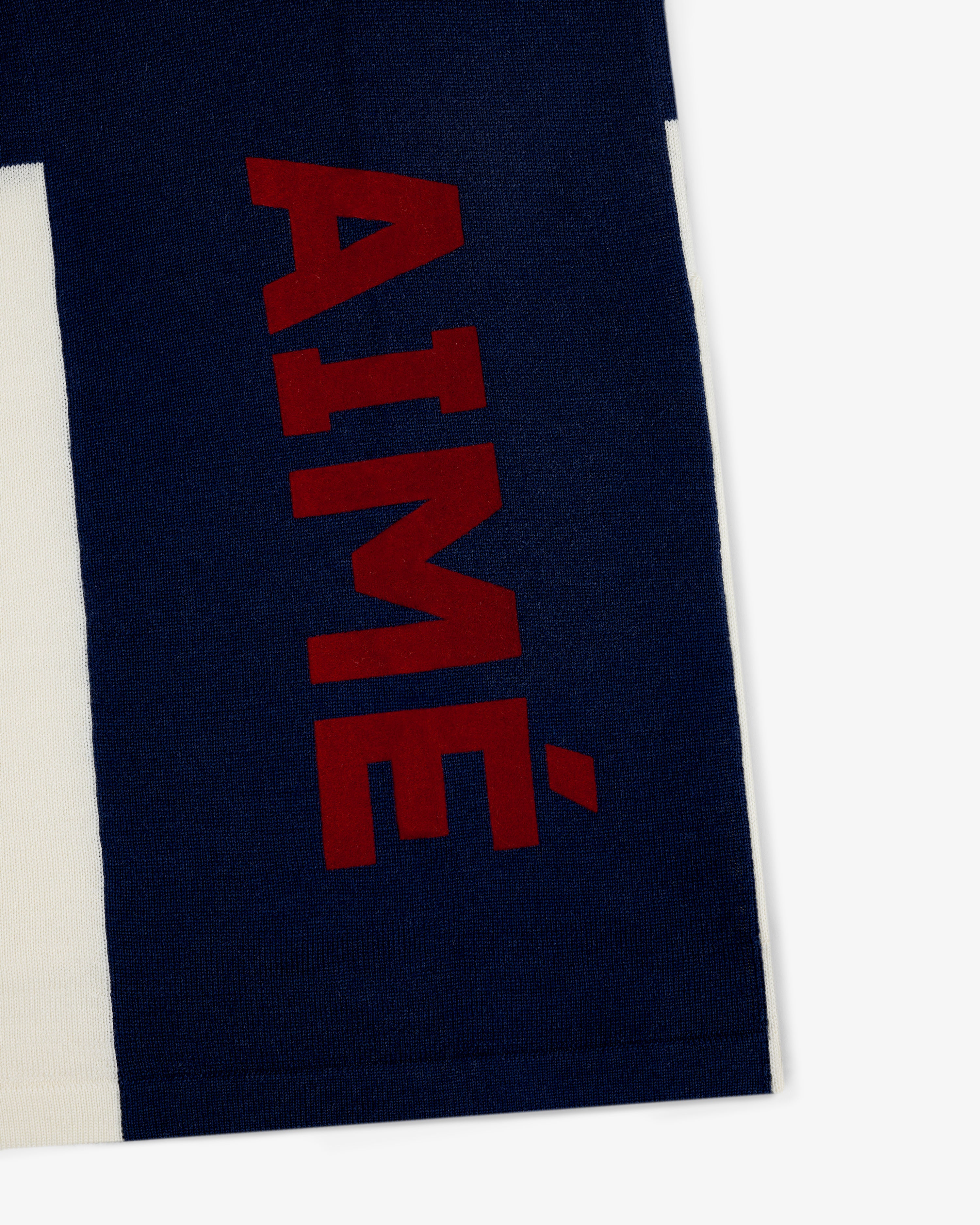 The Merino Wool Cycling Jersey features navy and white fabric with AIMÉ in bold red letters on the navy section.