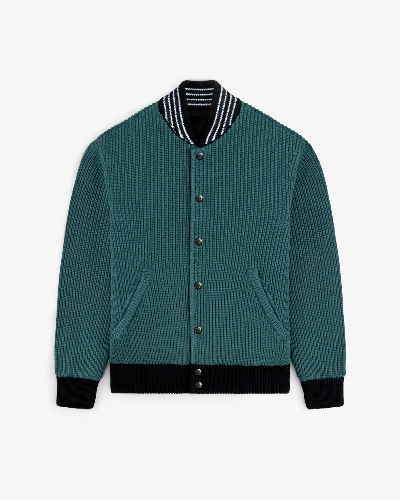 Reversible Knit Bomber Jacket in teal ribbed knit with striped collar, black cuffs, and button-up front.
