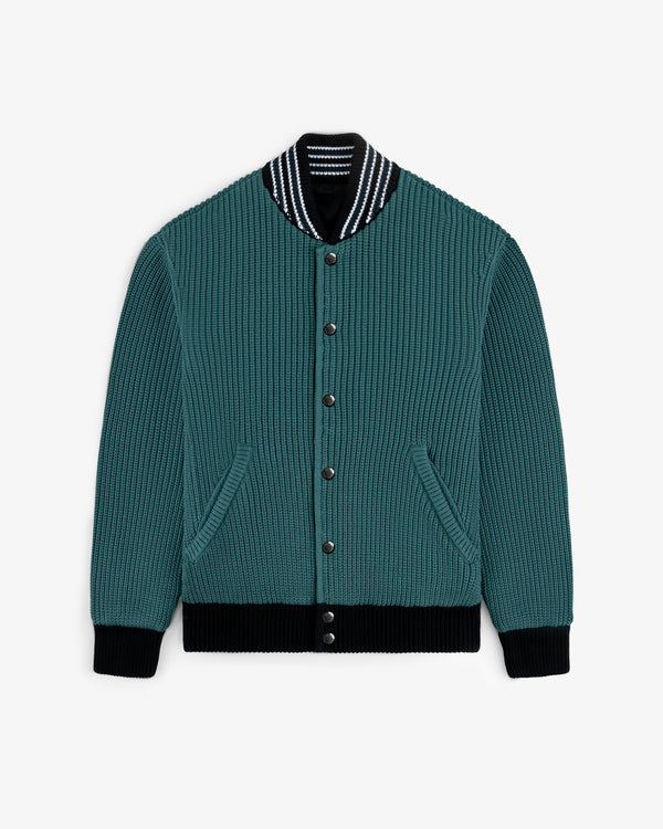 Reversible Knit Bomber Jacket in teal ribbed knit with striped collar, black cuffs, and button-up front.
