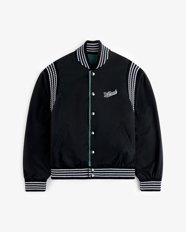 Reversible Knit Bomber Jacket in black with white stripes on collar, cuffs, shoulders & hem, plus Deluxe chest patch.