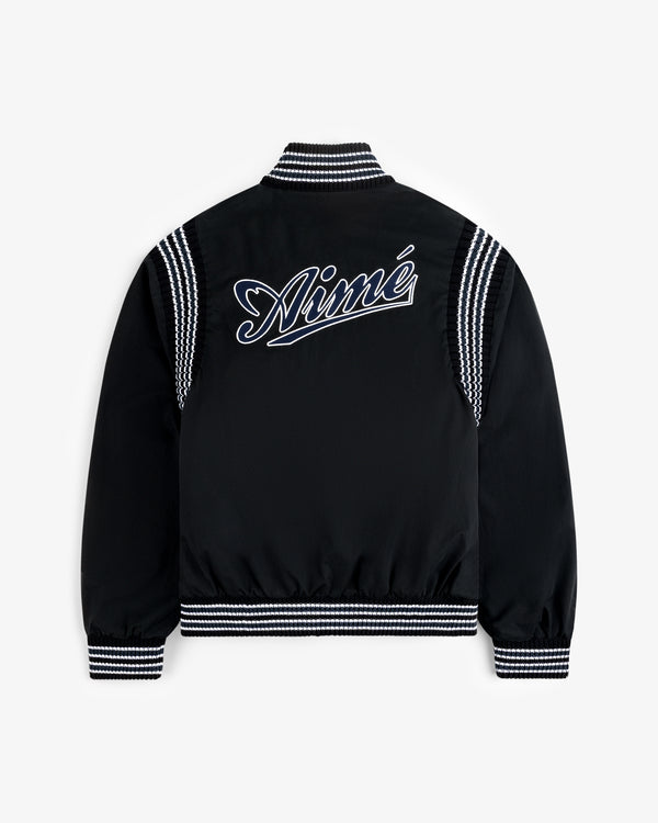 Reversible Knit Bomber Jacket with white striped cuffs and Aimé script on the back.
