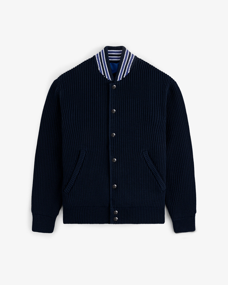 Reversible Knit Bomber Jacket in navy blue with striped collar, button front, and two slanted pockets, laid flat.