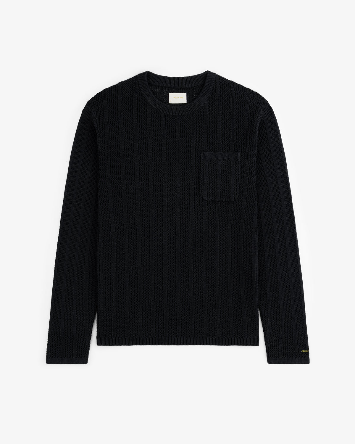 The Racking Stitch Crewneck Sweater in black with long sleeves and chest pocket, shown flat on a white background.