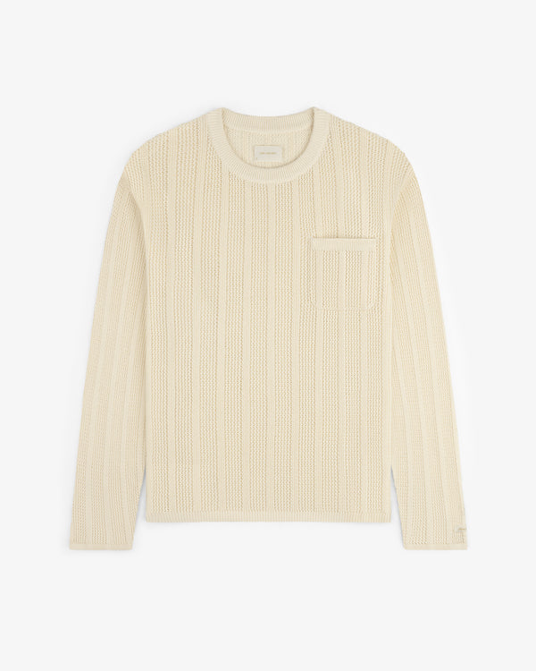 Racking Stitch Crewneck Sweater—cream, long-sleeve knit with ribbed texture and chest pocket, shown flat on white.