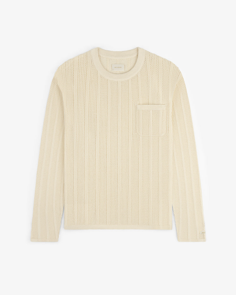 Racking Stitch Crewneck Sweater—cream, long-sleeve knit with ribbed texture and chest pocket, shown flat on white.