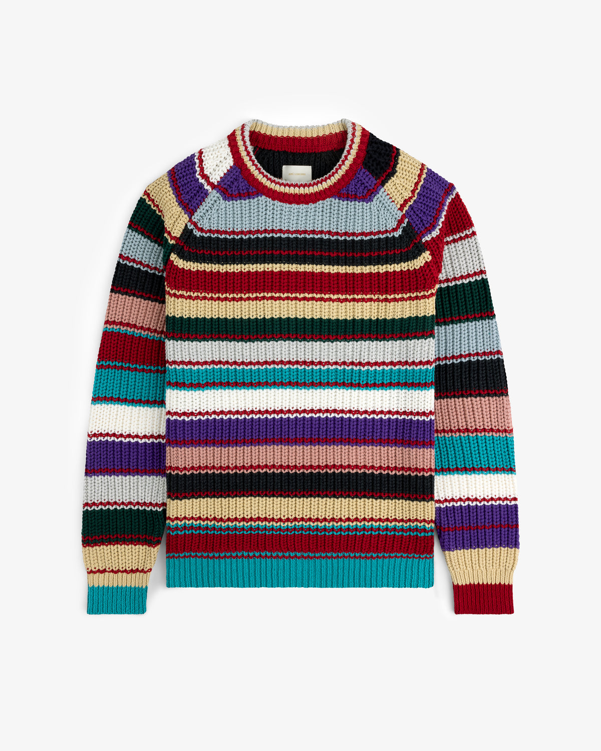 Striped Crewneck Sweater featuring colorful horizontal stripes, shown against a white background.