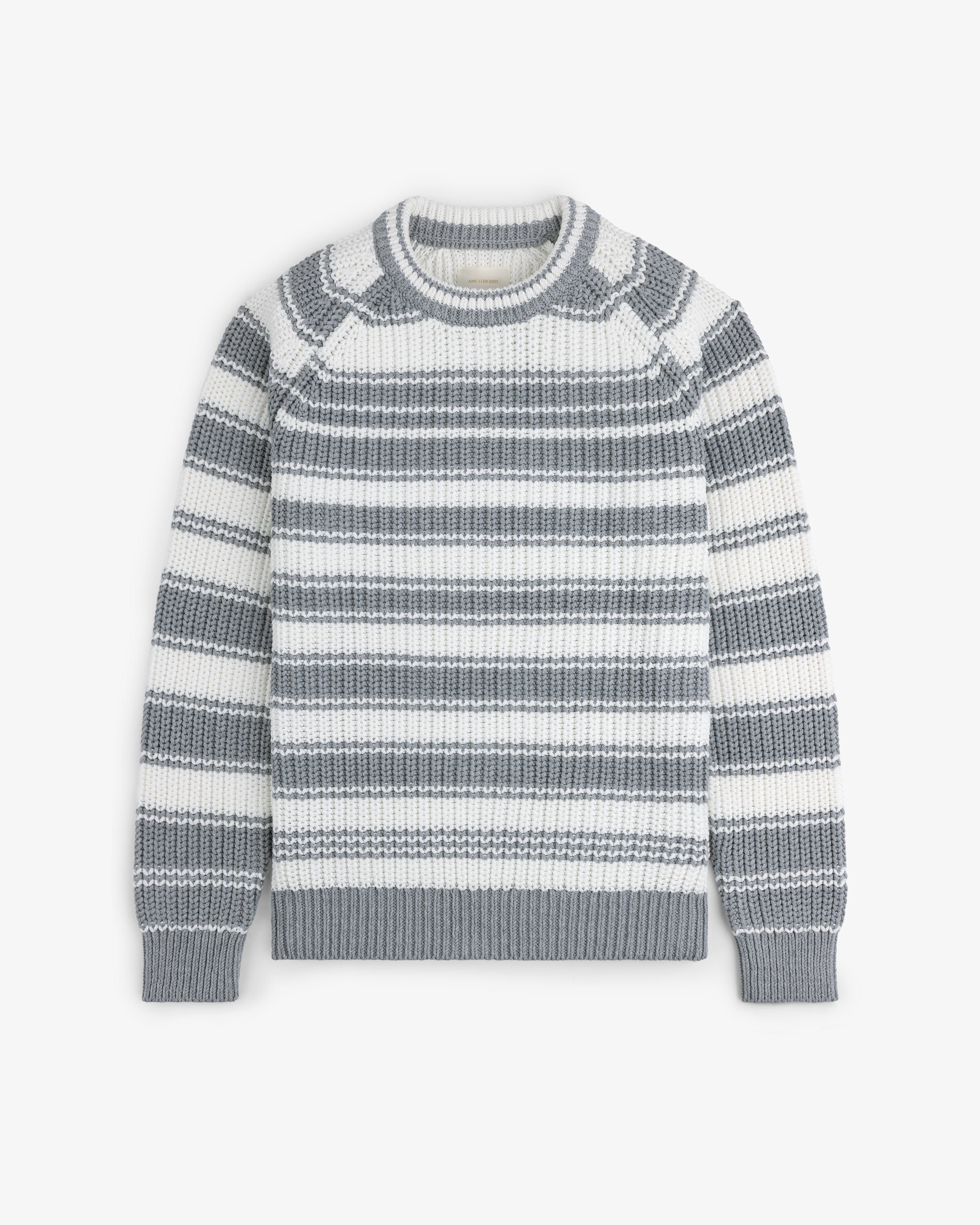 Striped Crewneck Sweater in gray and white with long sleeves, ribbed cuffs, hem, and neckline on a white background.