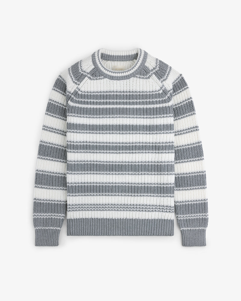 Striped Crewneck Sweater in gray and white with long sleeves, ribbed cuffs, hem, and neckline on a white background.