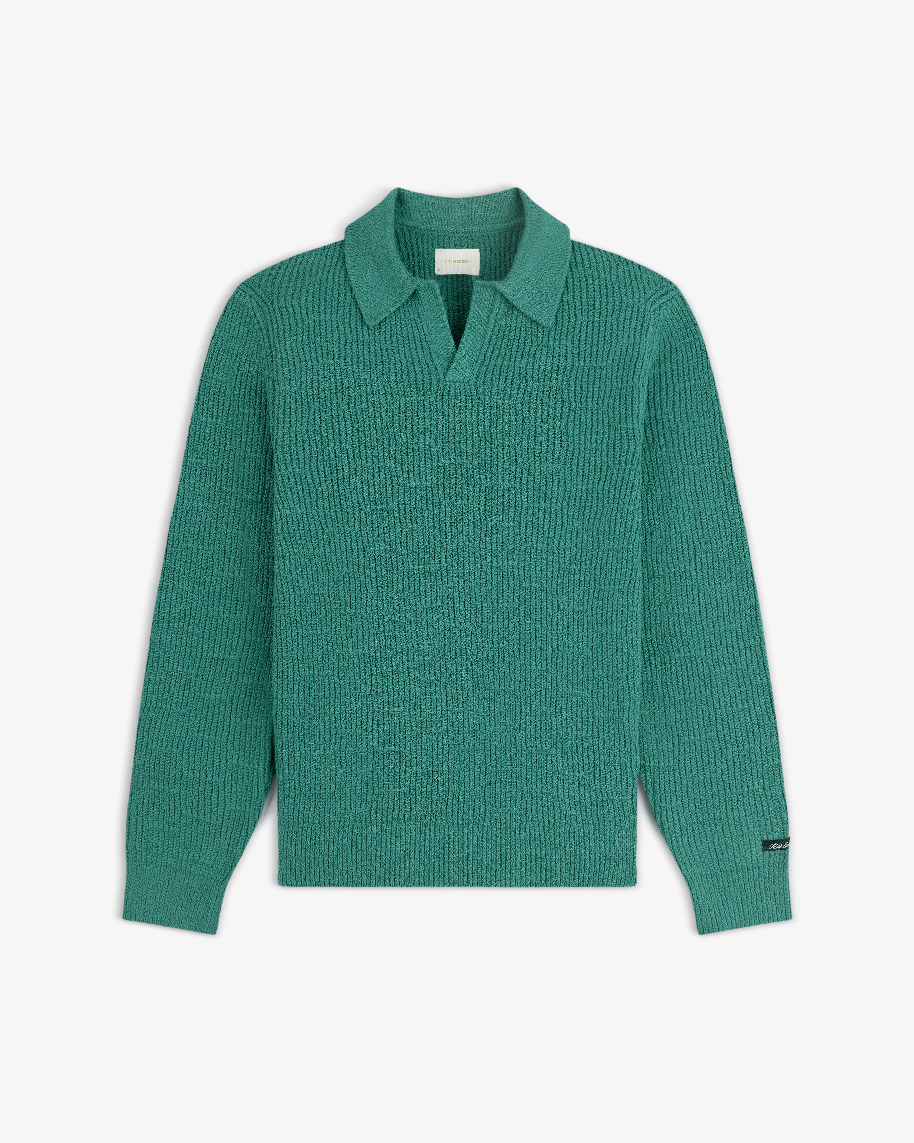 Teal green Long-Sleeve Boucle Polo with a collar and ribbed texture, shown on a white background.