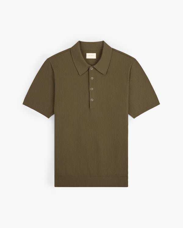 Olive green Knit Polo with short sleeves, collar, and three buttons, shown flat on a white background.