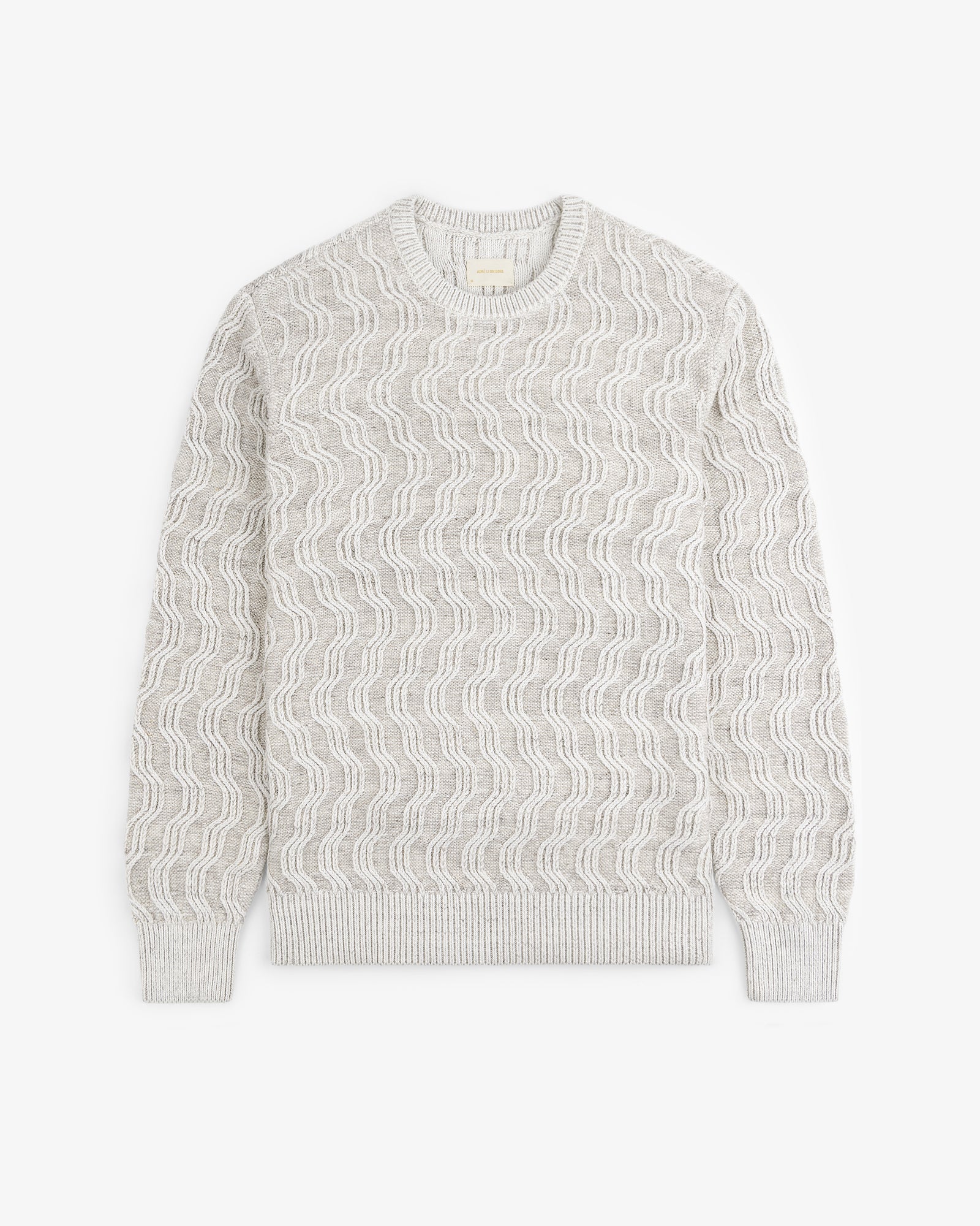 Linen Blend Cable Knit Sweater in light gray with wavy texture, long sleeves, and ribbed cuffs, shown flat on white.