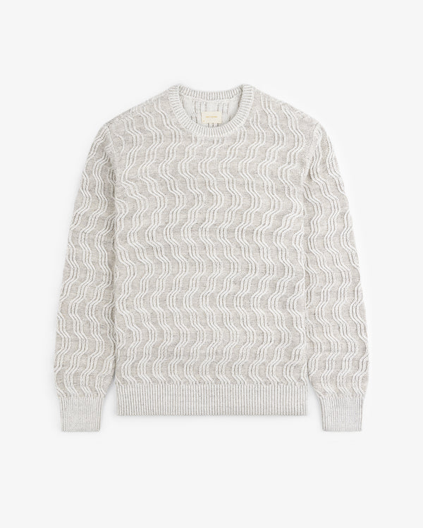Linen Blend Cable Knit Sweater in light gray with wavy texture, long sleeves, and ribbed cuffs, shown flat on white.