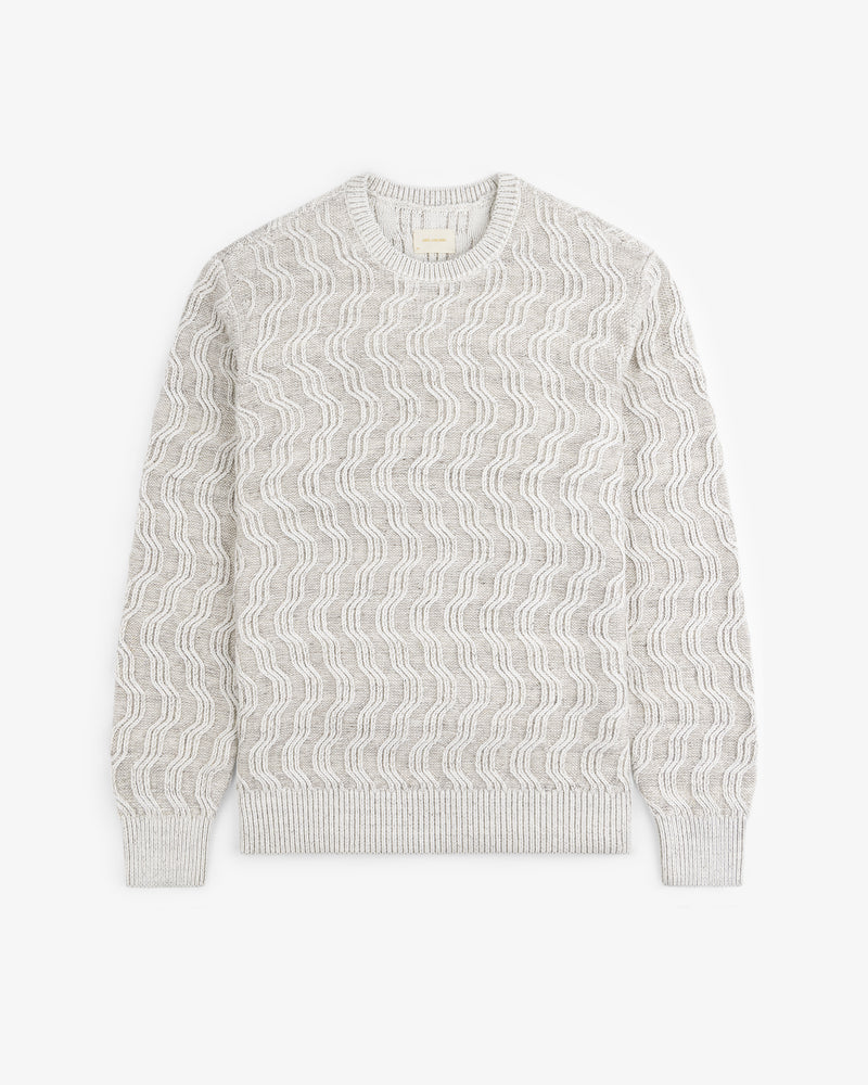 Linen Blend Cable Knit Sweater in light gray with wavy texture, long sleeves, and ribbed cuffs, shown flat on white.