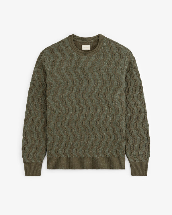 Linen Blend Cable Knit Sweater in olive green with wavy texture, long sleeves, and ribbed cuffs, collar, and hem.