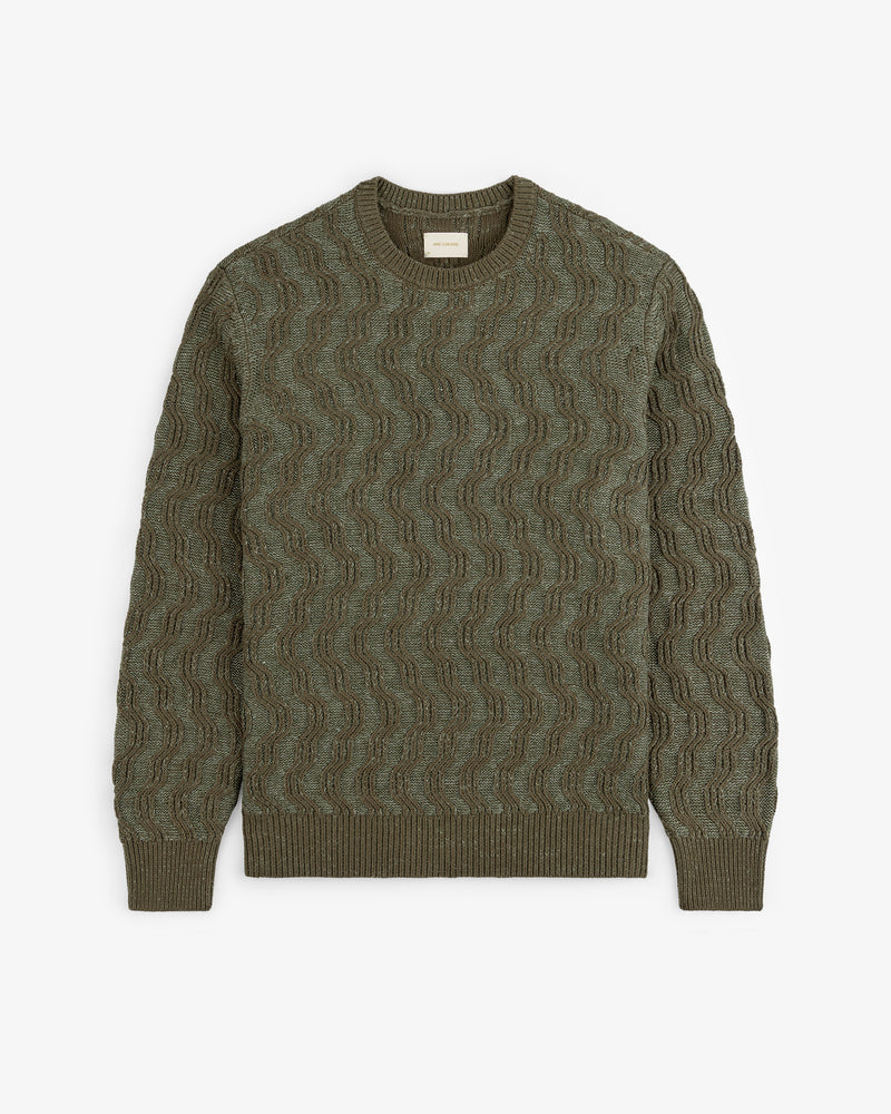 Linen Blend Cable Knit Sweater in olive green with wavy texture, long sleeves, and ribbed cuffs, collar, and hem.