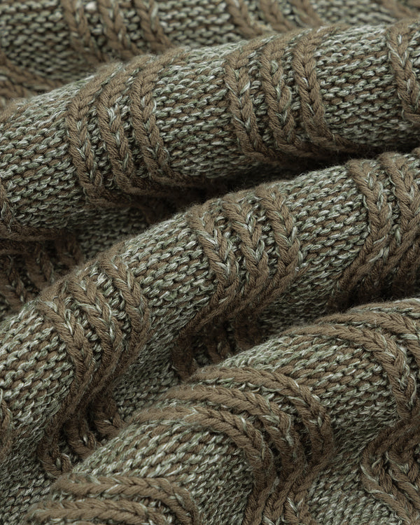 Close-up of the Linen Blend Cable Knit Sweater showing textured greenish-brown fabric with raised cable patterns.