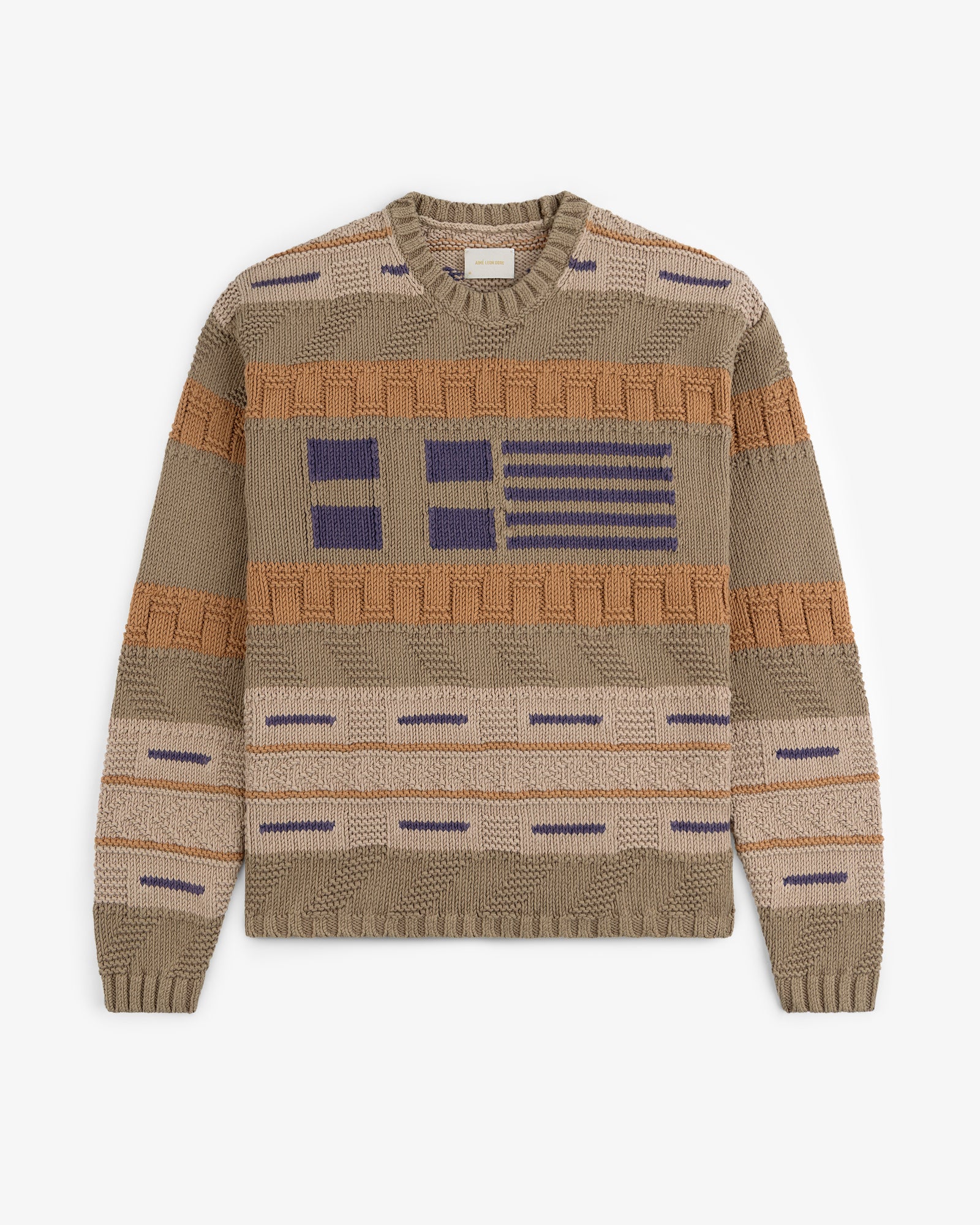 The Simaía Crewneck Sweater features beige knit with blue and brown geometric stripes and blocks on front and sleeves.