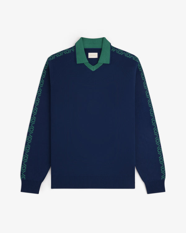 Navy Knit Sport Pullover with green collar and patterned green stripes on shoulders and sleeves.