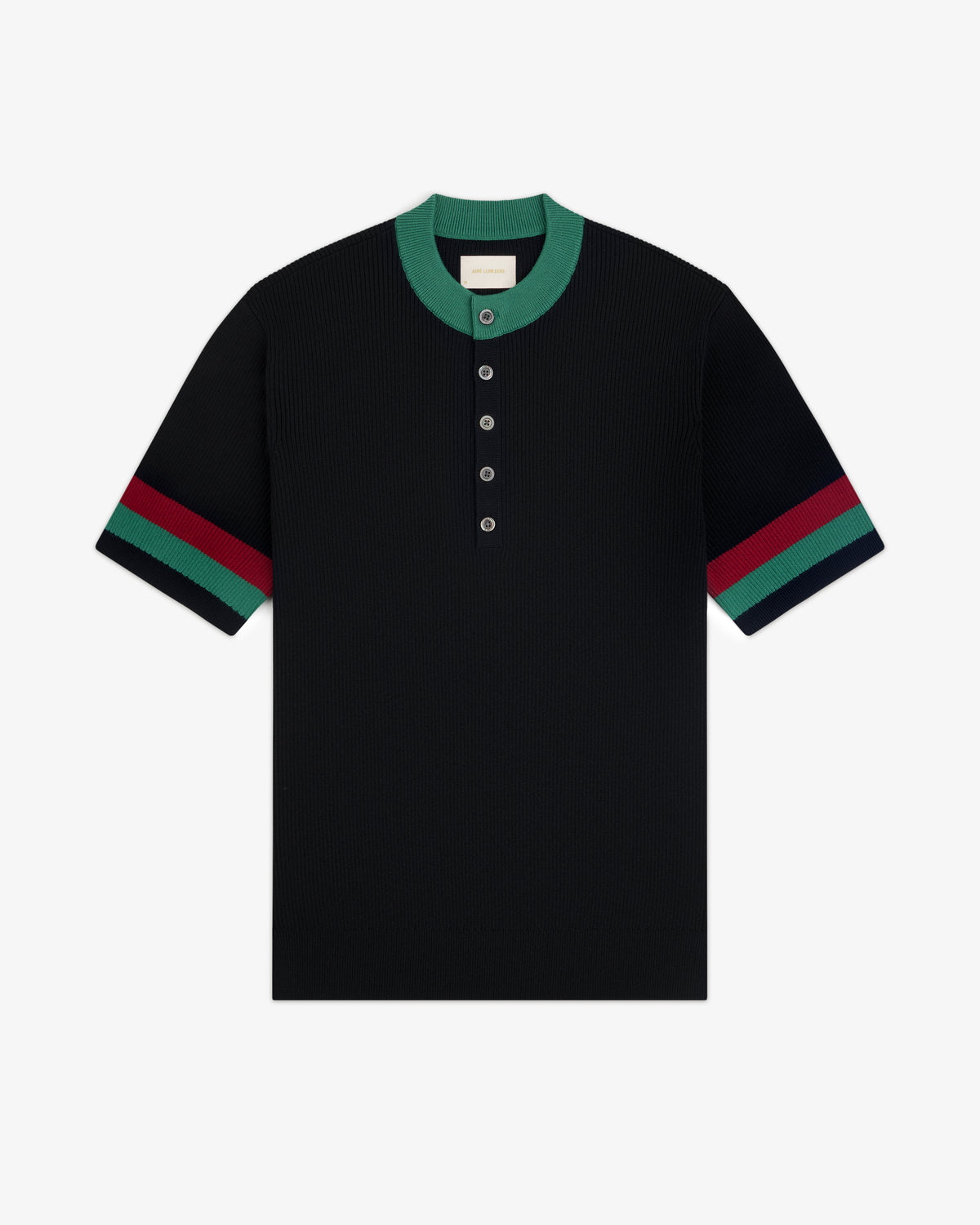 Sport Knit Henley: Black short-sleeve polo with green collar, button placket, and green-red striped sleeves.