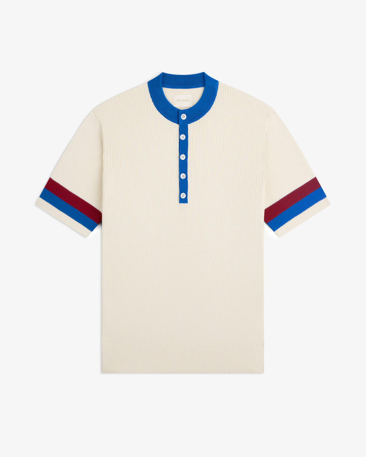 Sport Knit Henley: Cream short-sleeve knit shirt with blue collar, placket, and red/blue sleeve stripes.