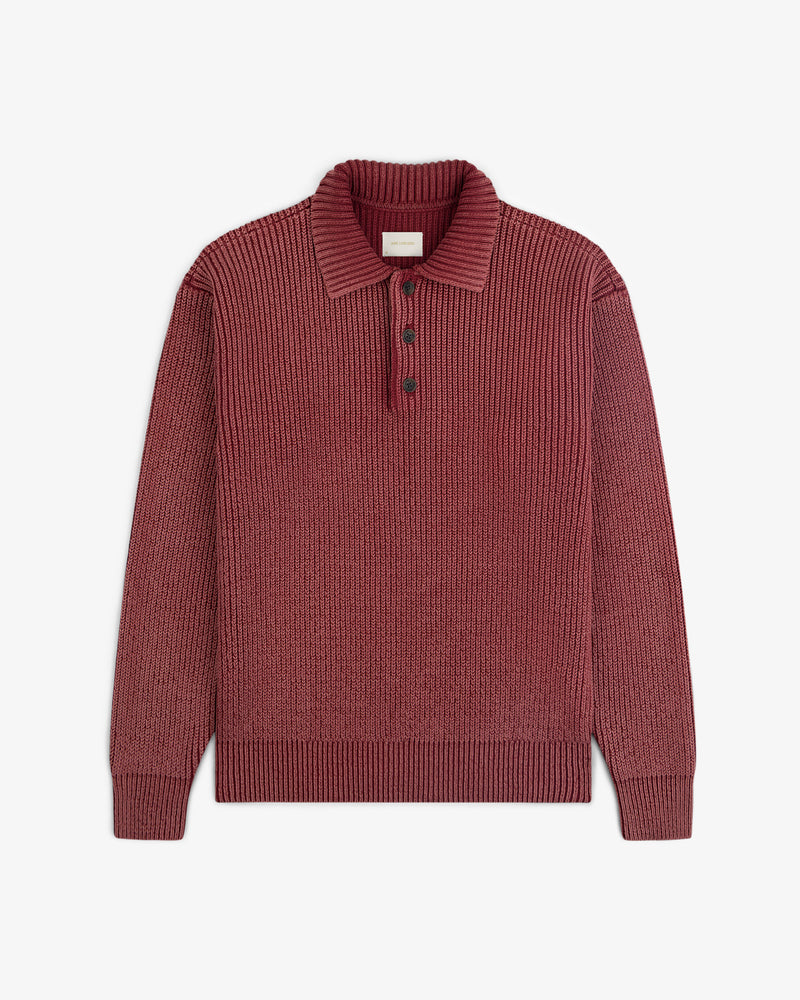 Stone Washed Knit Polo—ribbed long-sleeve burgundy sweater with collar and three buttons, shown on a white background.