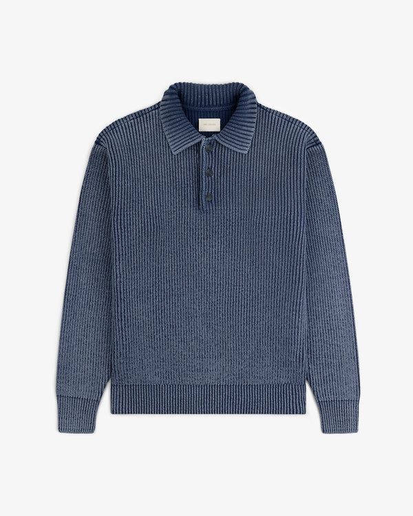 Stone Washed Knit Polo: blue ribbed knit long-sleeve polo with collar and three buttons, laid flat on white background.