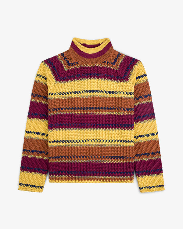 Striped Rollneck Sweater featuring yellow, maroon, brown, and black horizontal stripes.