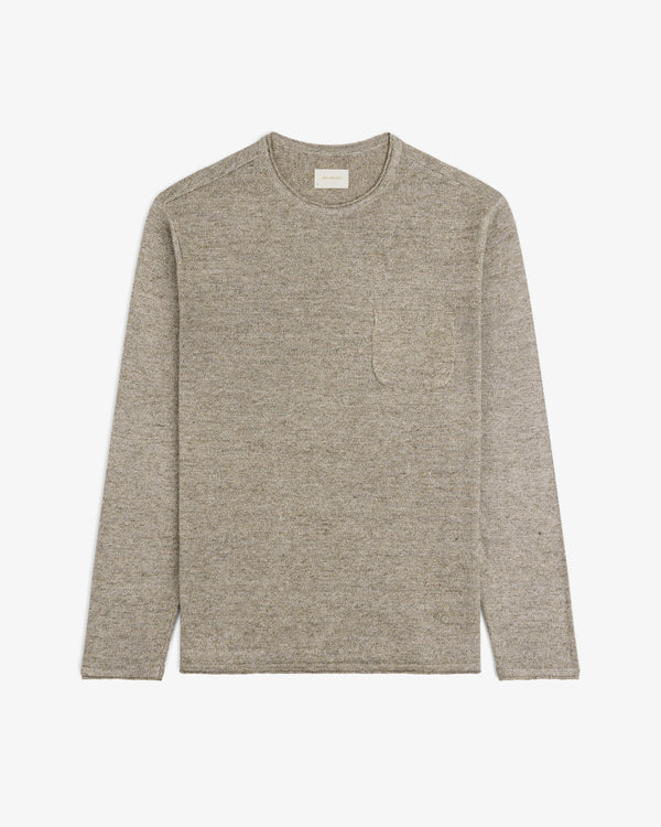 Long-Sleeve Knit Pocket Tee in gray, featuring a round neckline and chest pocket, displayed on a white background.
