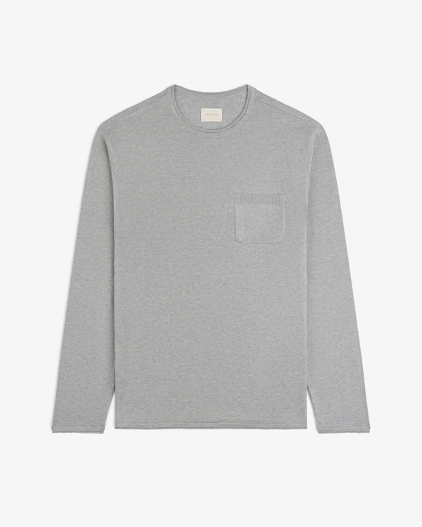 Long-Sleeve Knit Pocket Tee in light gray with a crew neck and chest pocket, shown flat on a white background.