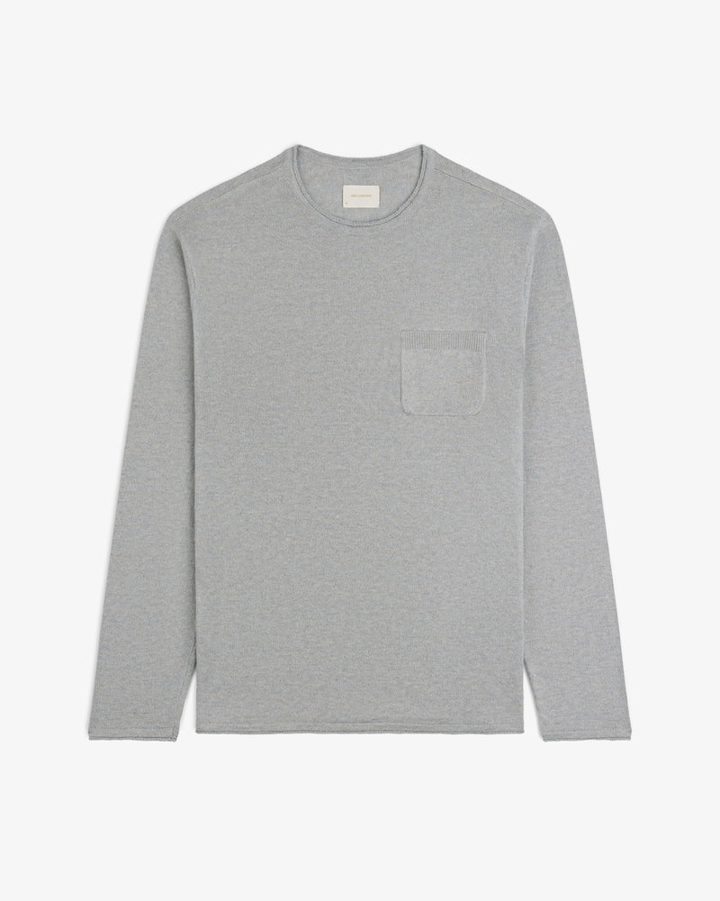 Long-Sleeve Knit Pocket Tee in light gray with a crew neck and chest pocket, shown flat on a white background.