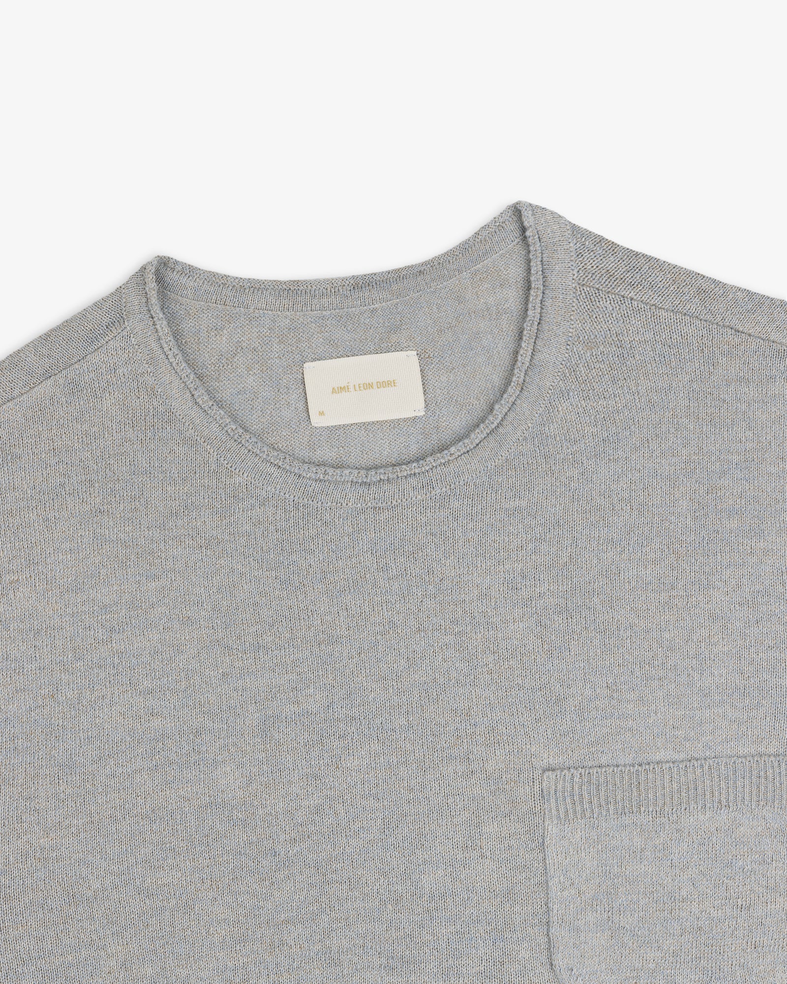Long-Sleeve Knit Pocket Tee in light gray, crewneck style with chest pocket, displayed on a white background.