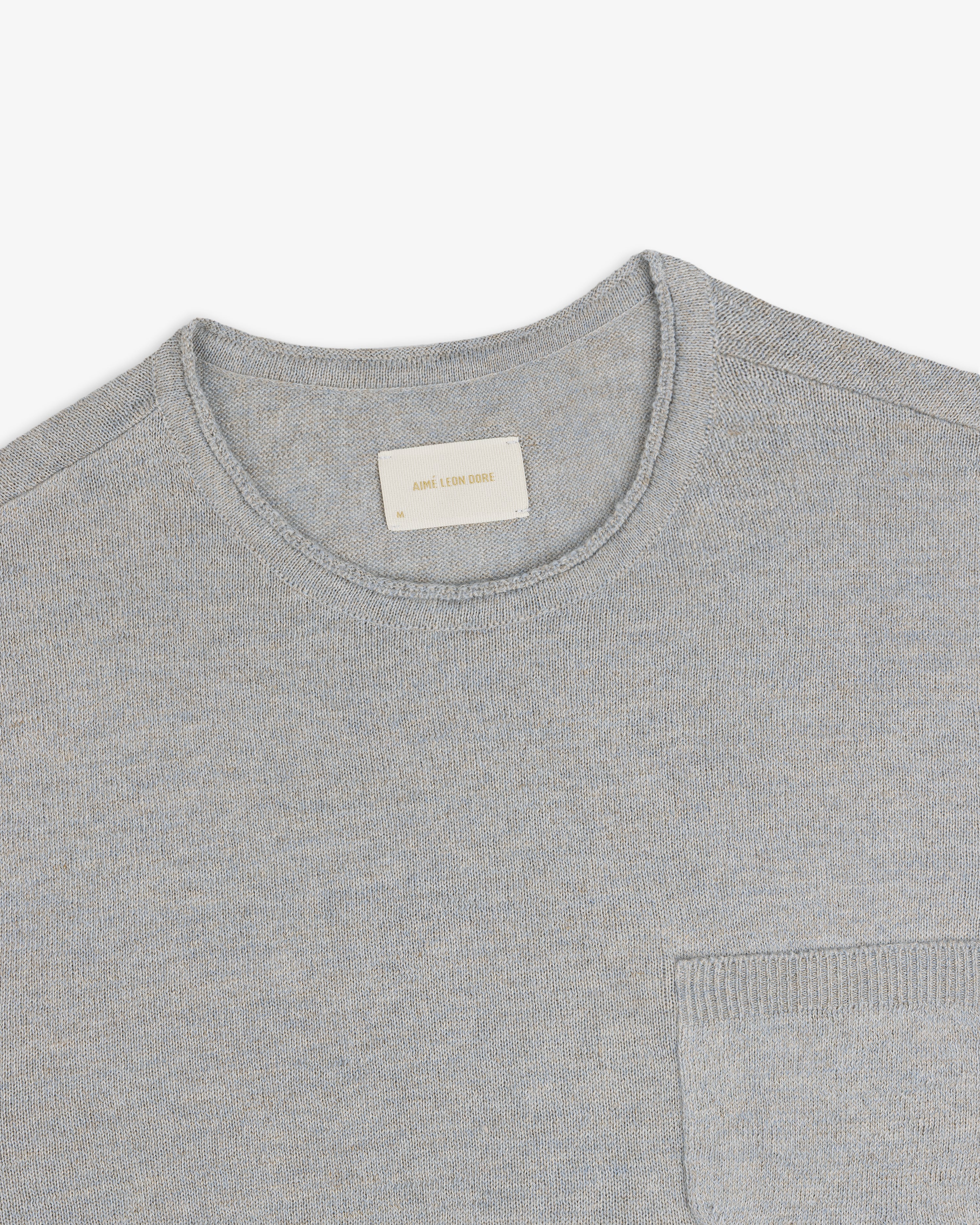 Long-Sleeve Knit Pocket Tee in light gray, crewneck style with chest pocket, displayed on a white background.