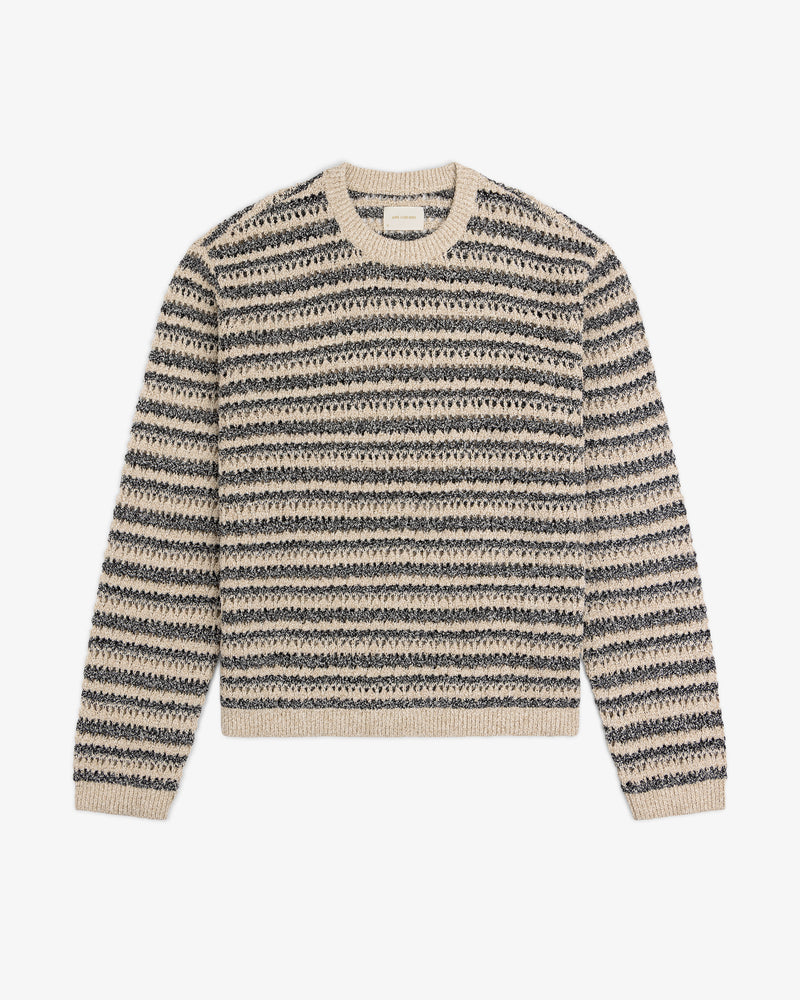 Bouclé Open Knit Crewneck Sweater in beige and navy stripes with long sleeves and a textured pattern.