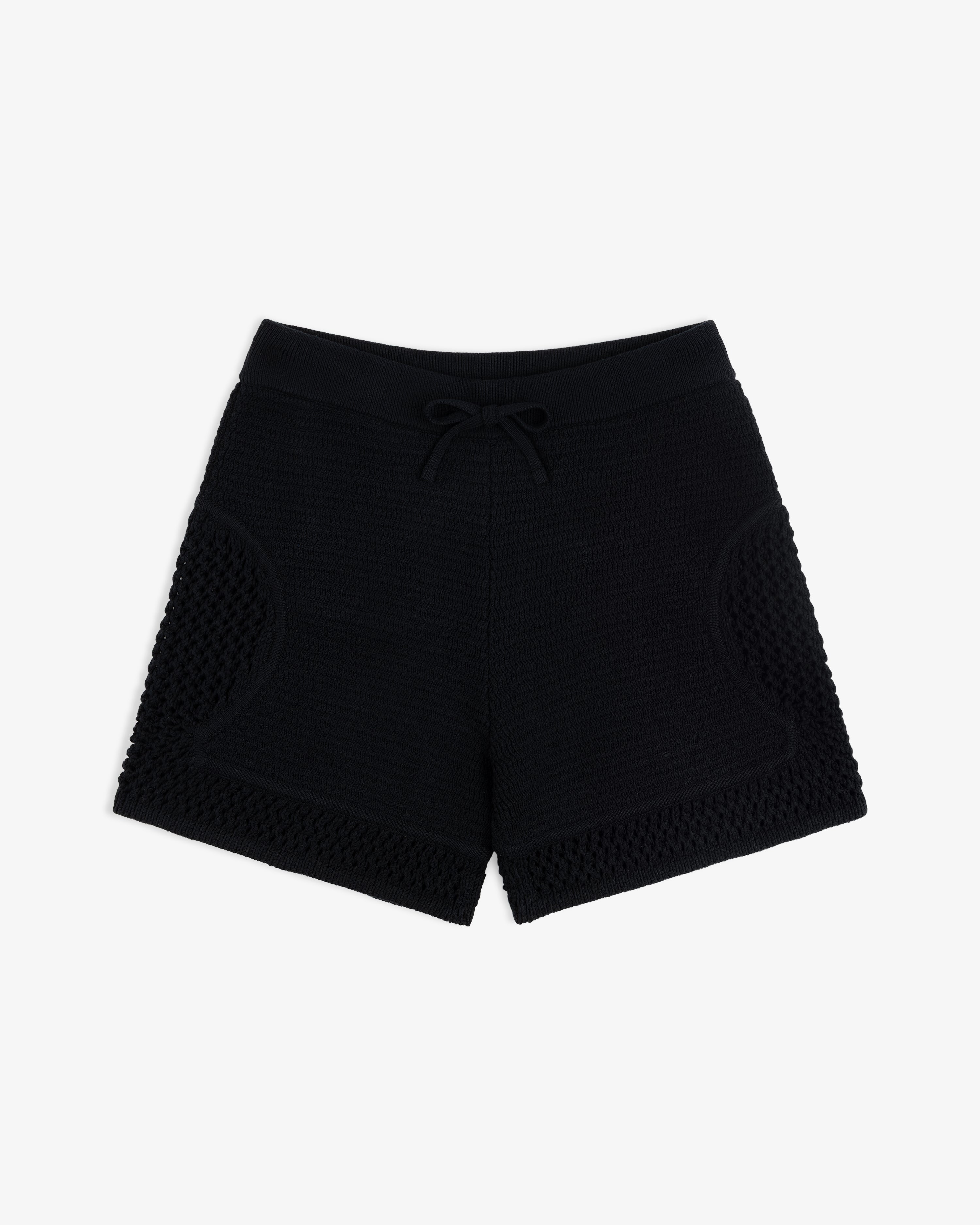 Knit Court Short featuring a drawstring waist and textured side panels, shown flat on a white background.