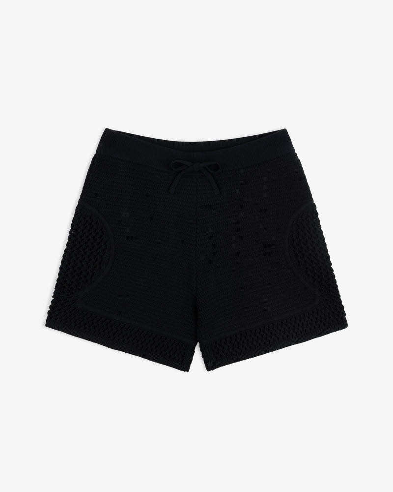 Knit Court Short featuring a drawstring waist and textured side panels, shown flat on a white background.