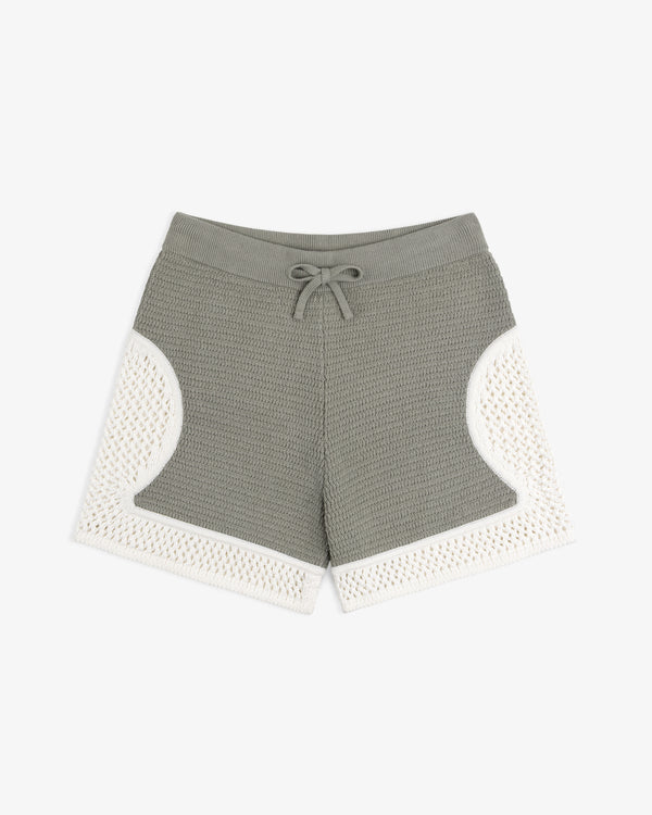 Knit Court Short in gray with white crochet panels and drawstring waist, shown on a white background.