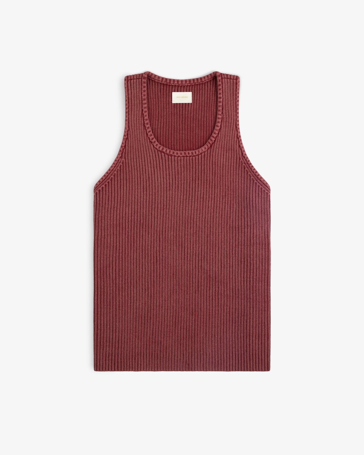 Stone Washed Knit Tank Top in ribbed maroon, sleeveless style, laid flat on a white background.