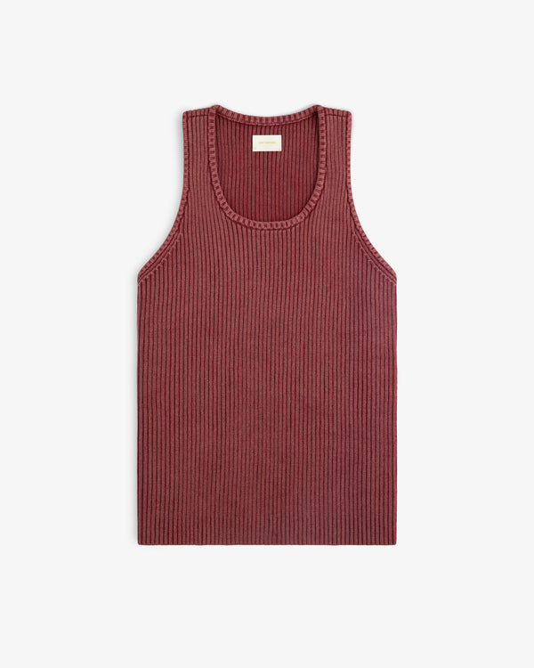 Stone Washed Knit Tank Top in ribbed maroon, sleeveless style, laid flat on a white background.