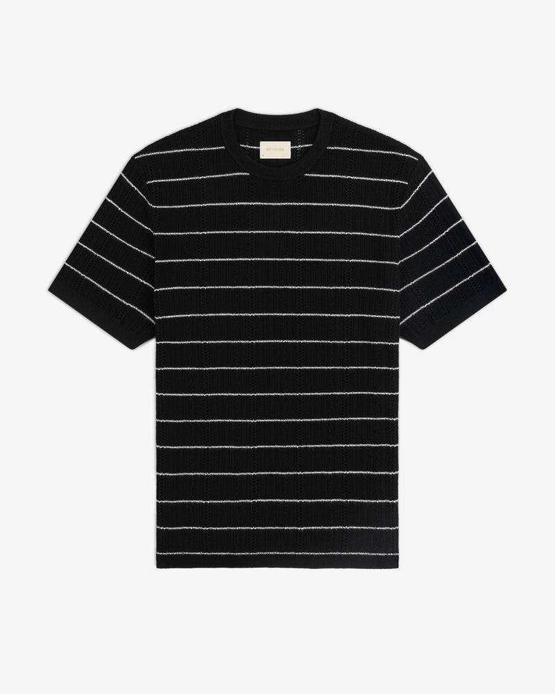 Merino Wool Eyelet Tee in black with thin white horizontal stripes, short sleeves, displayed flat on white background.