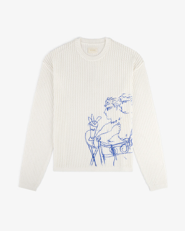 Fassianos "Rendez-Vous" crewneck sweater in white with blue line art of two figures and a plant on the front.