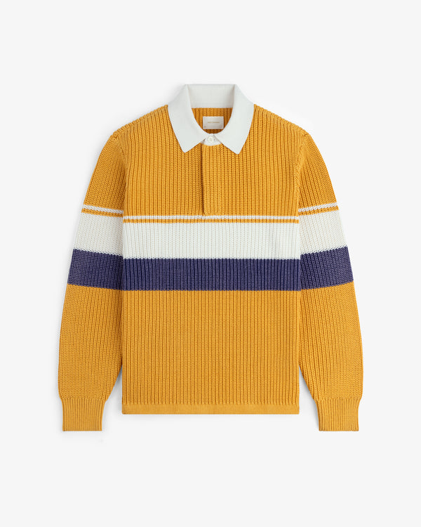 Striped Knit Rugby: yellow long-sleeve shirt with white collar and white/navy stripes on chest and sleeves.