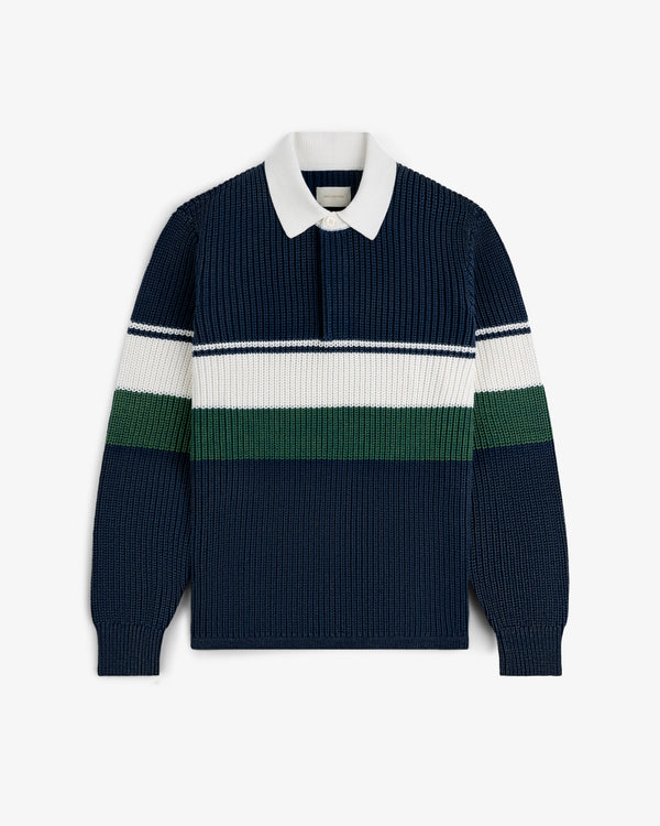 Navy Striped Knit Rugby with white collar and white, green, and navy chest stripes.