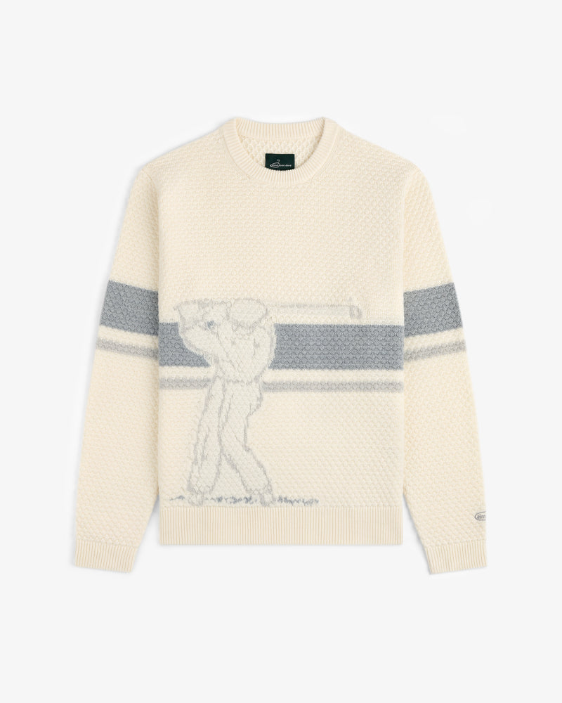 ALD Golf Clubhouse Sweater: Cream with grey sleeve stripes and a golfer swinging a club sketched on the front.